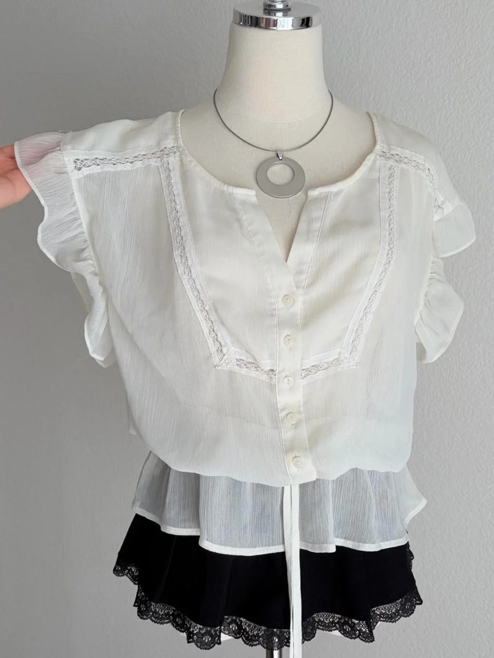 LOFT White Lace-Trim Button Front Peasant Blouse